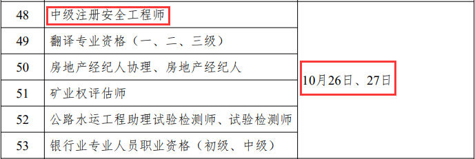 2024年中级注册安全工程师考试时间