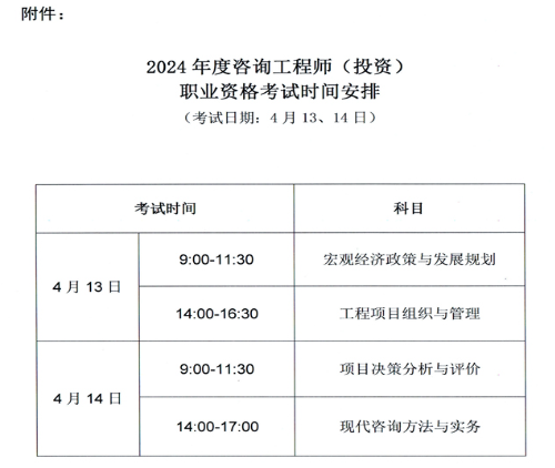 2024年咨询工程师(投资)考试安排