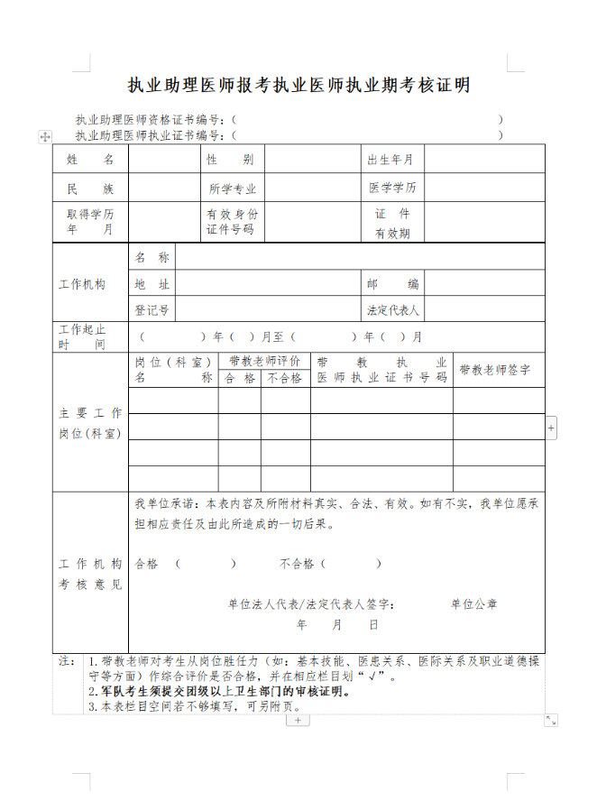 执业助理医师报考执业医师执业期考核证明